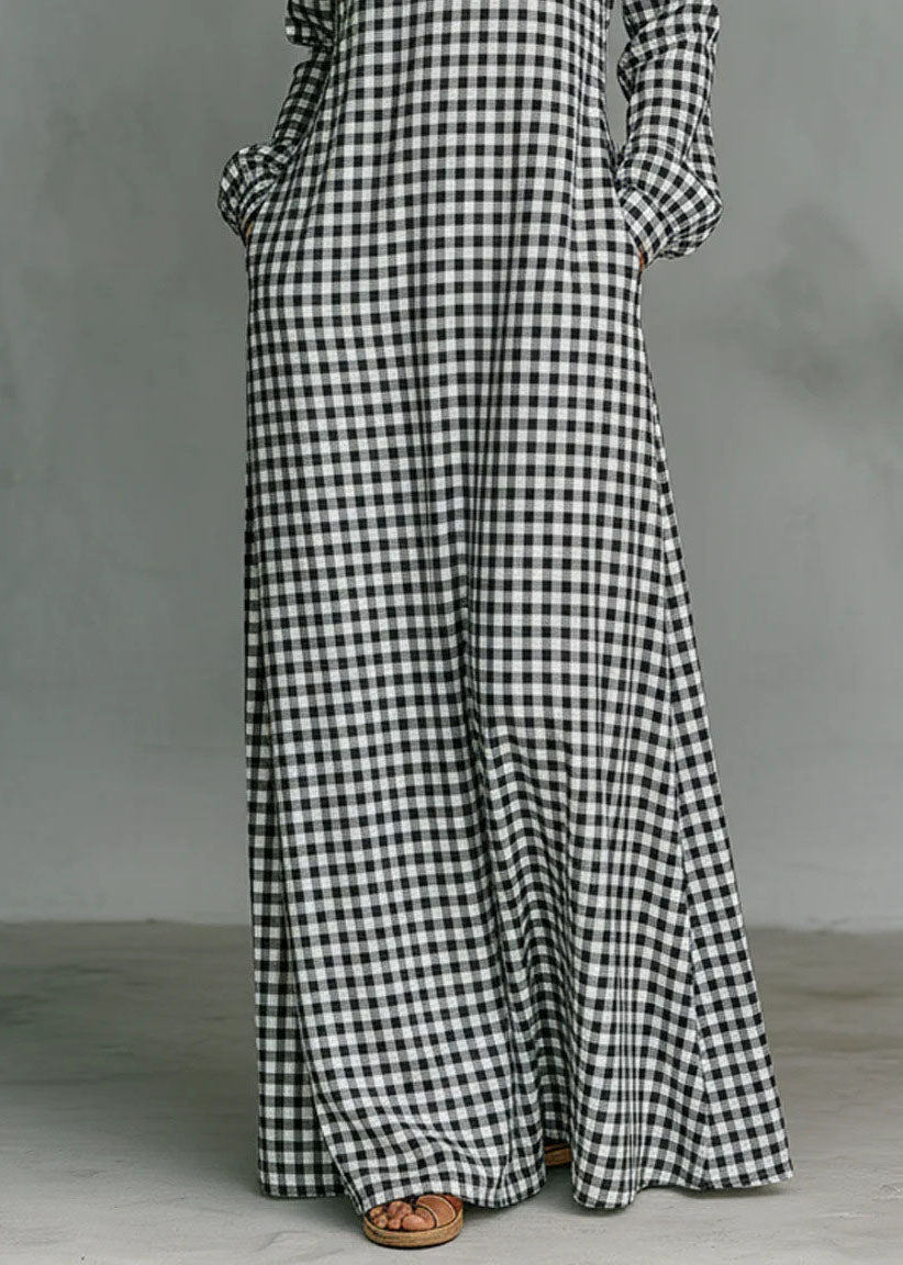 Women Dark Grey V Neck Plaid Pockets Cotton Long Dress Fall