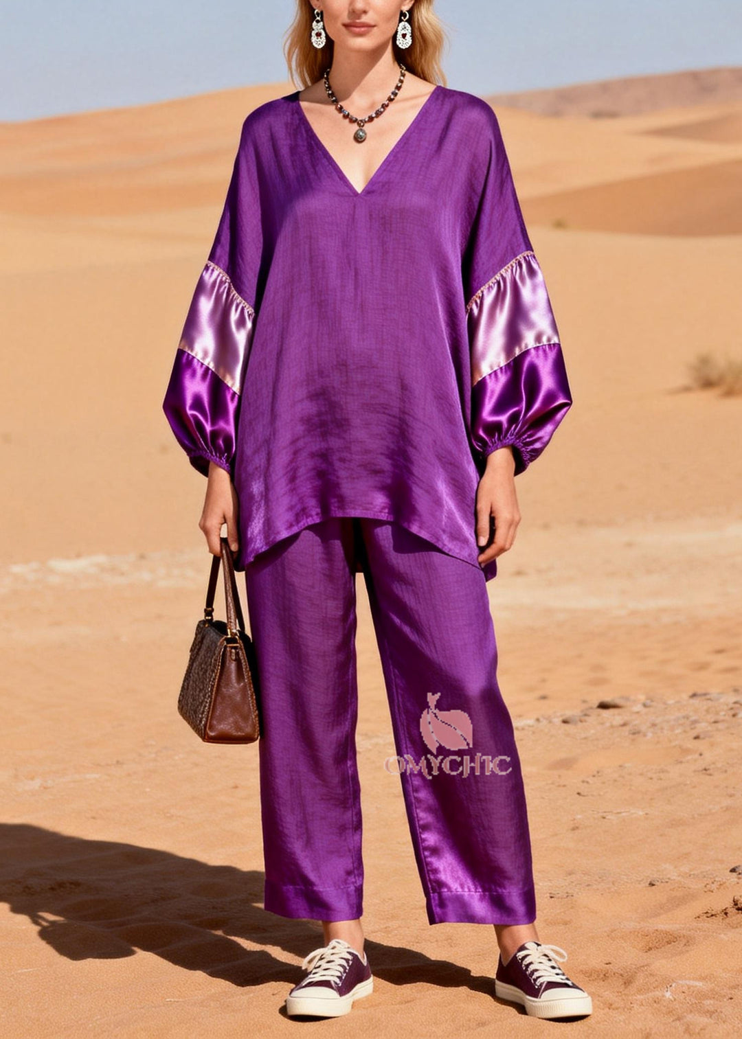 Women Dark Purple Oversized Patchwork Cotton Two Piece Set Spring