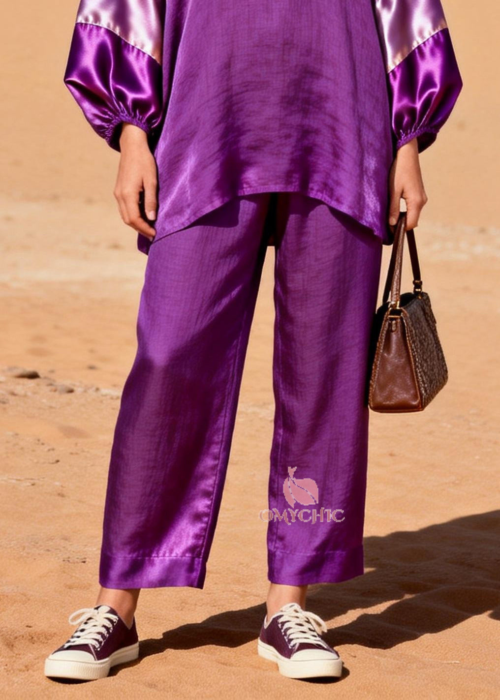 Women Dark Purple Oversized Patchwork Cotton Two Piece Set Spring