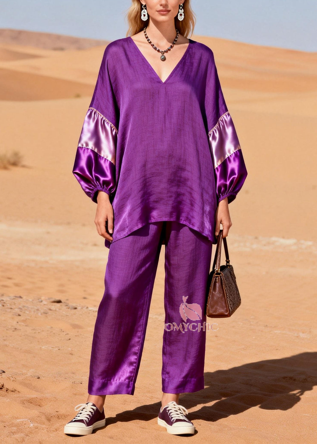 Women Dark Purple Oversized Patchwork Cotton Two Piece Set Spring