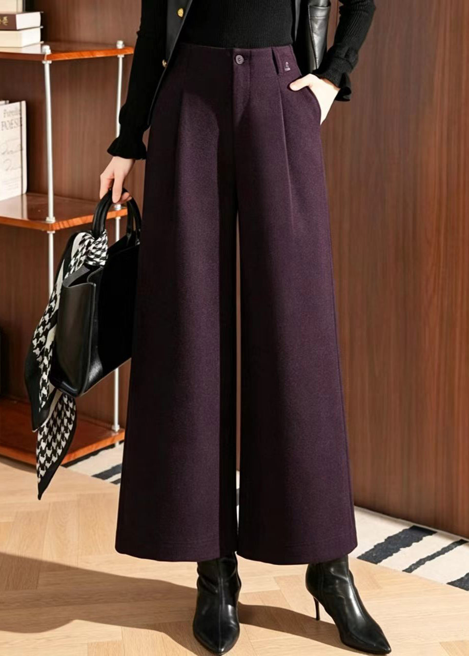 Women Dark Purple Pockets High Waist Woolen Wide Leg Crop Pants Fall