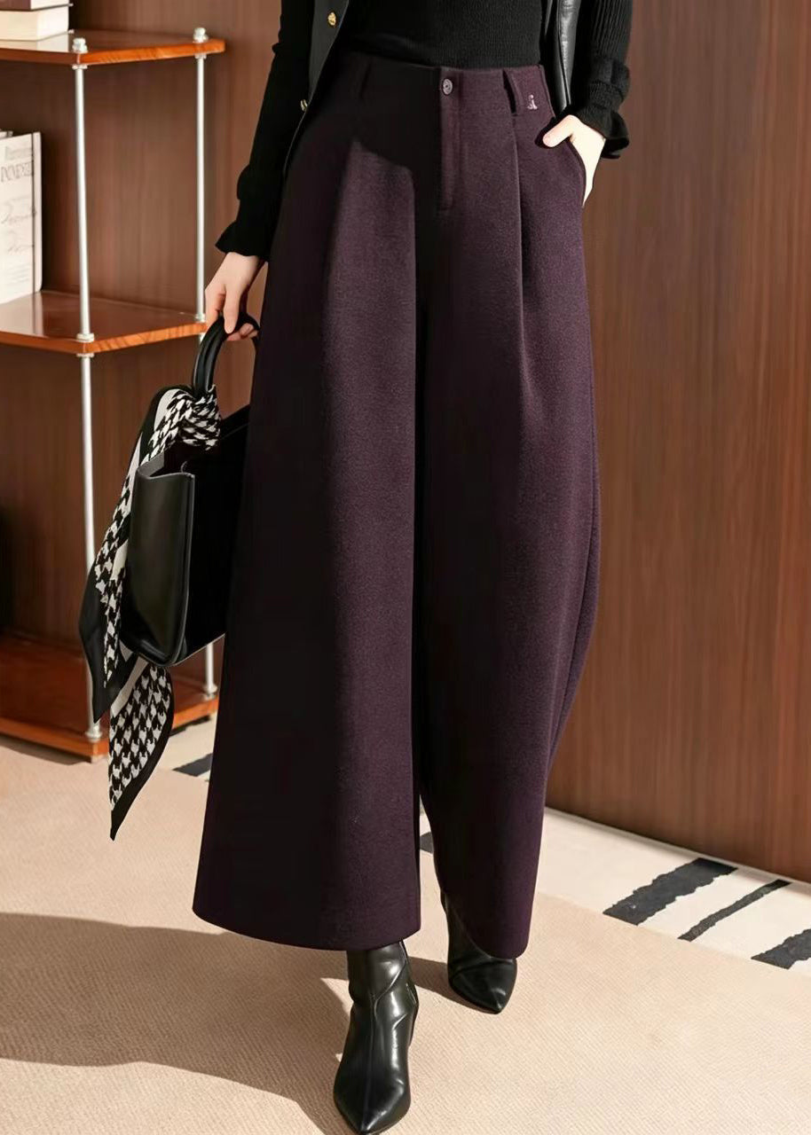 Women Dark Purple Pockets High Waist Woolen Wide Leg Crop Pants Fall
