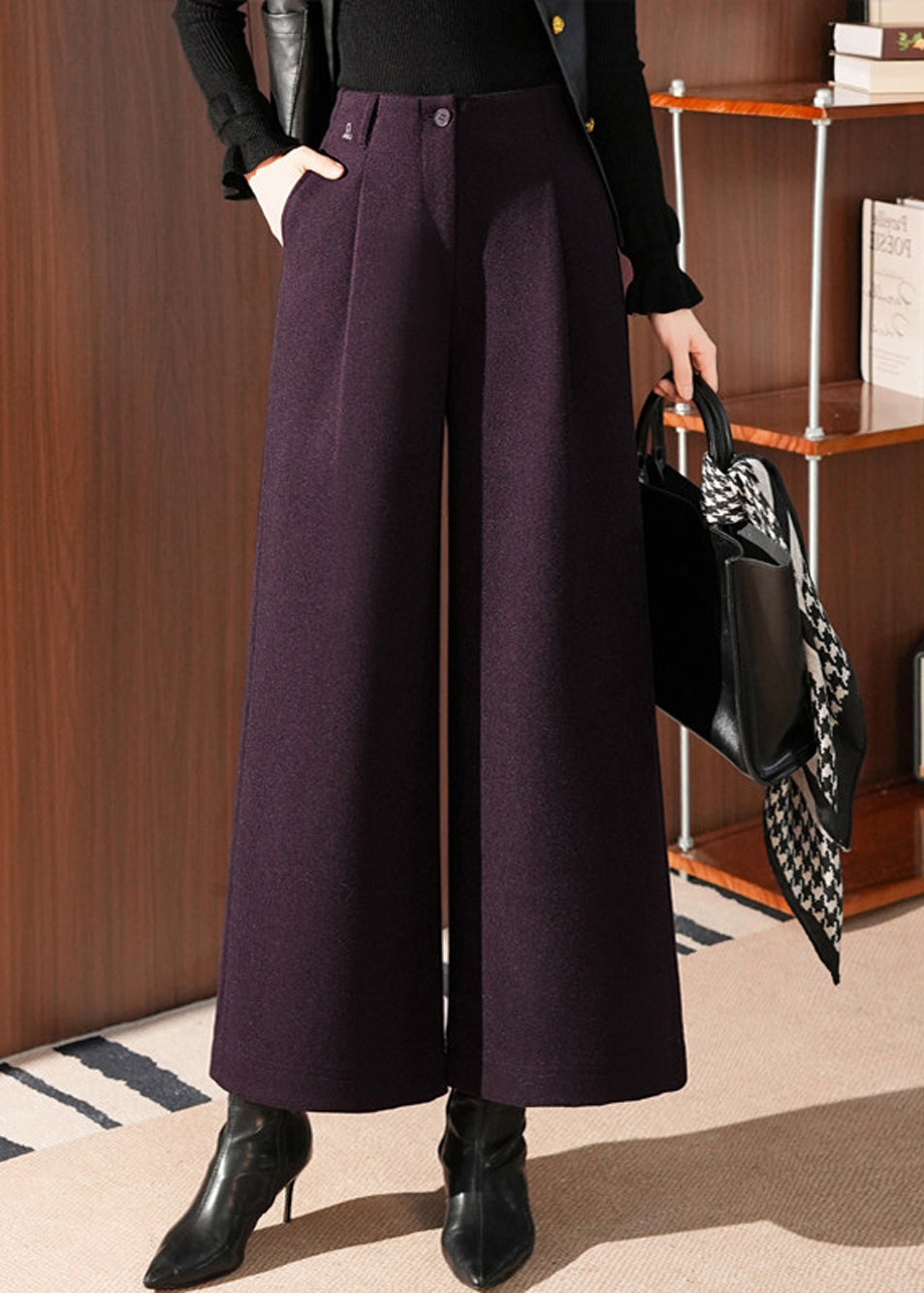 Women Dark Purple Pockets High Waist Woolen Wide Leg Crop Pants Fall