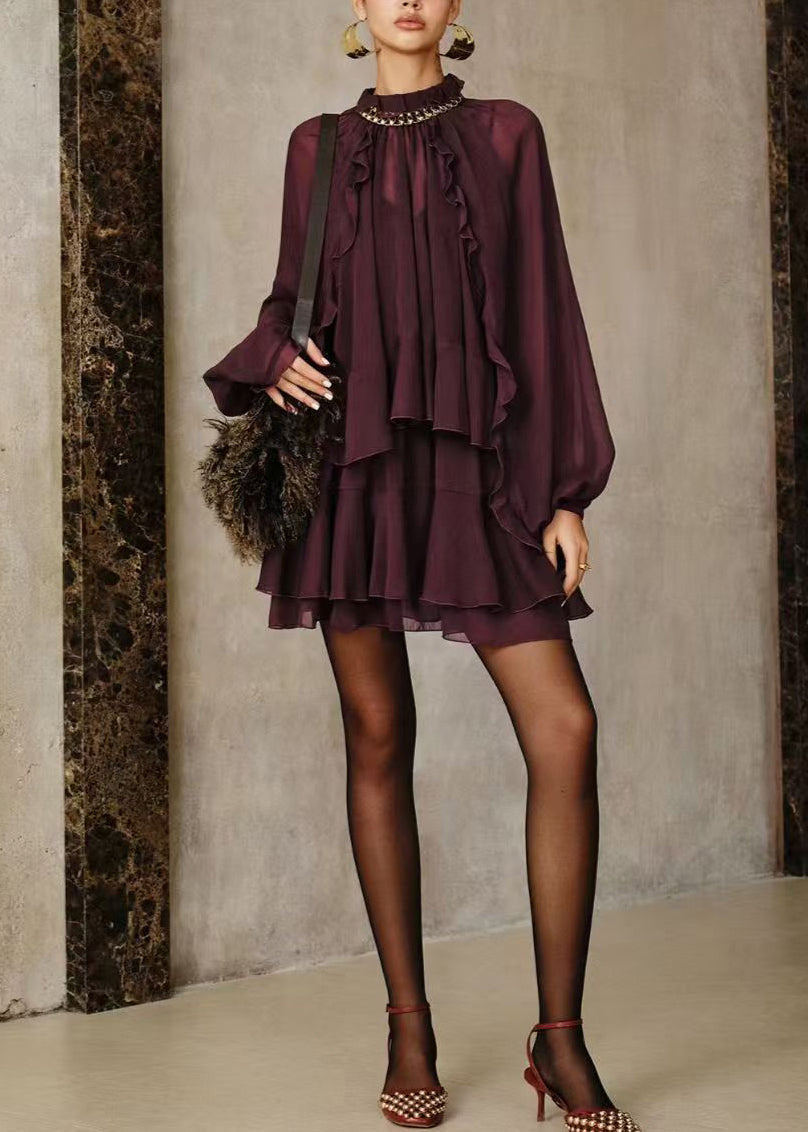 Women Deep Purple Ruffled Chiffon Dress And Cami Slip Two-Pieces Set Fall