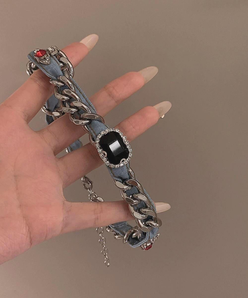 Women Denim Blue Metal Denim Crystal Chain Collar Necklace