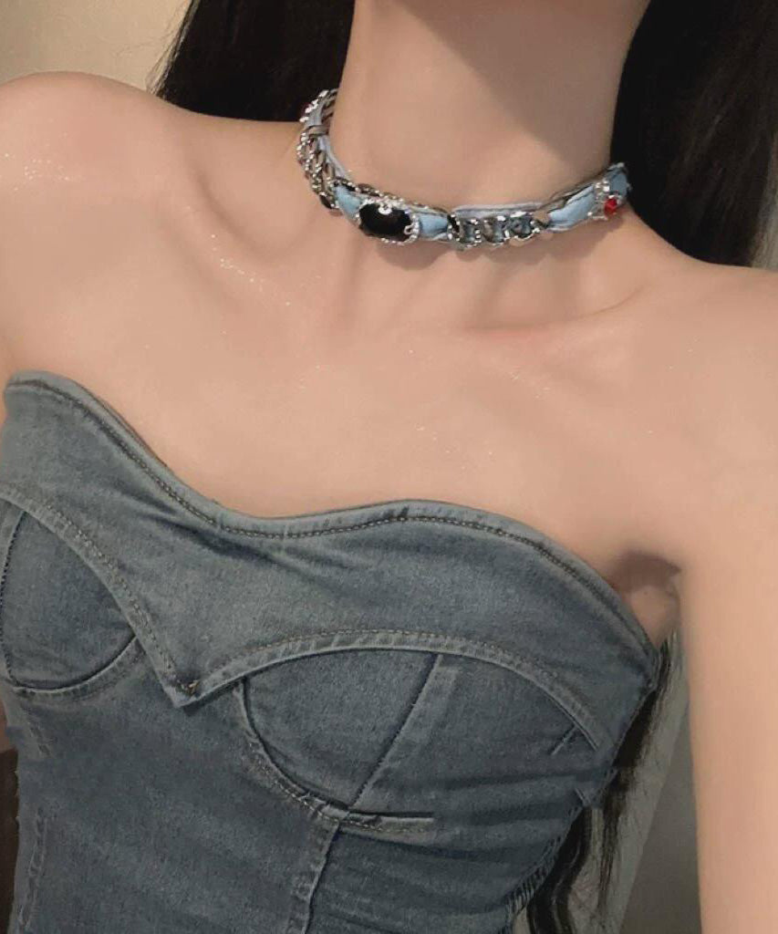 Women Denim Blue Metal Denim Crystal Chain Collar Necklace