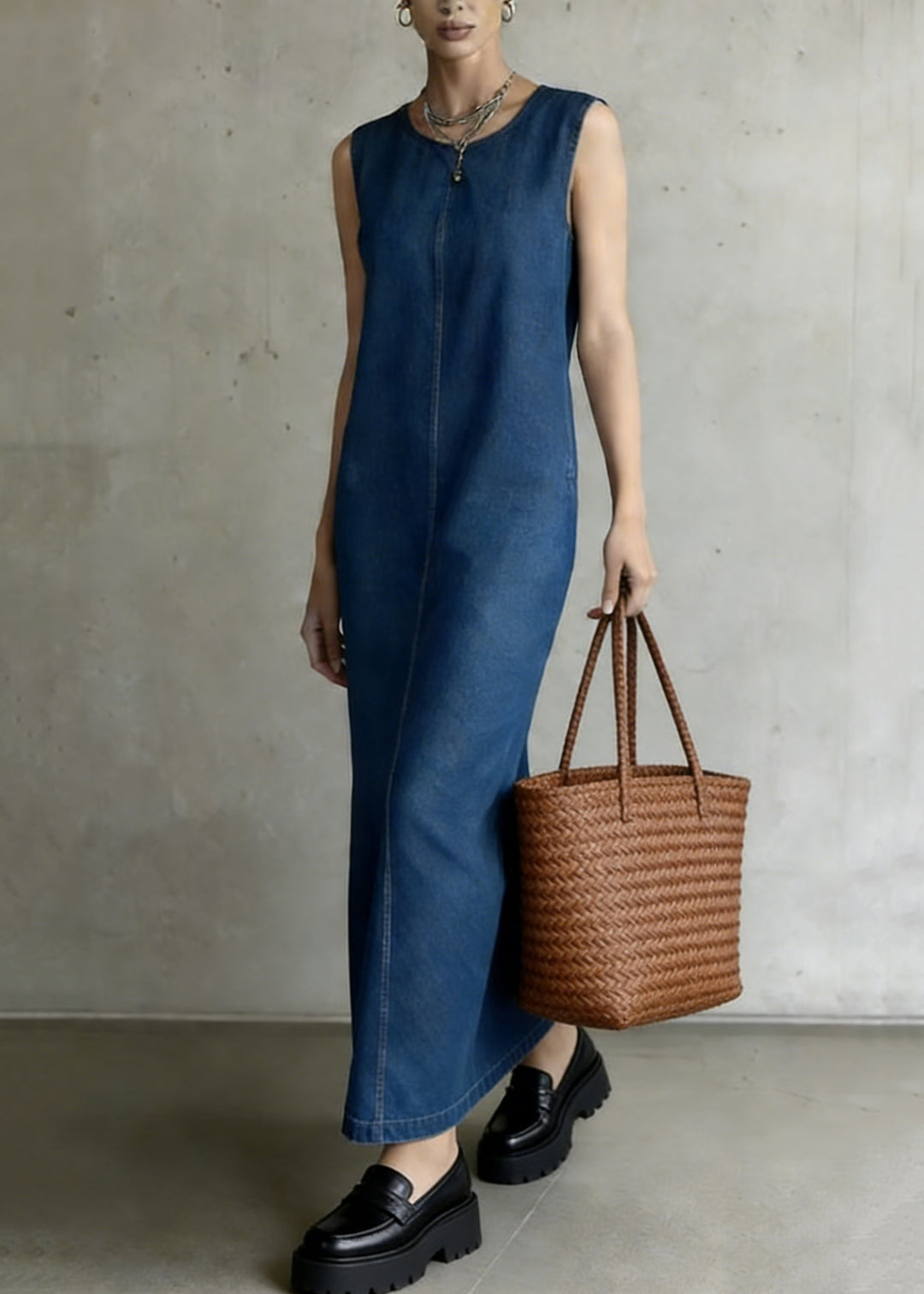 Women Denim Blue O-Neck Patchwork Long Dress Summe