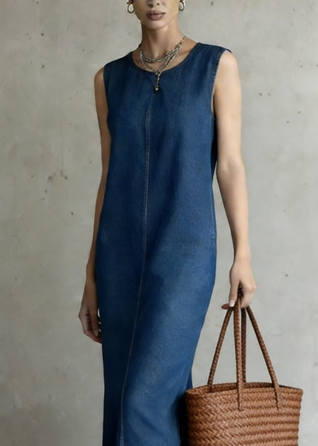 Women Denim Blue O-Neck Patchwork Long Dress Summe