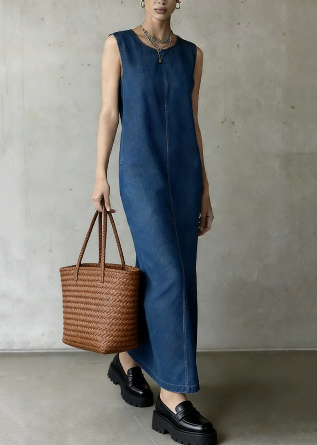 Women Denim Blue O-Neck Patchwork Long Dress Summe