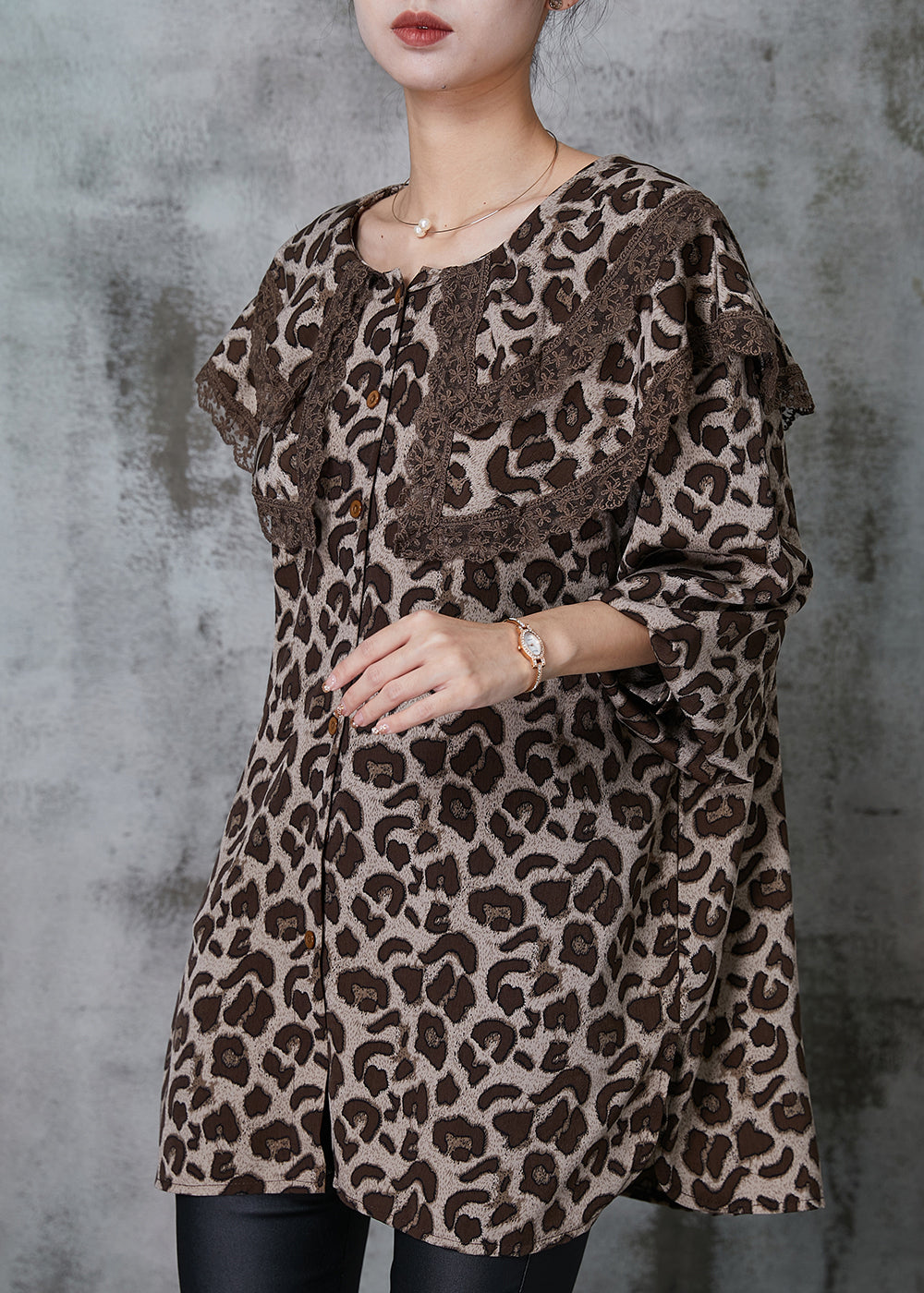 Women Double-layer Leopard Print Chiffon Blouse Top Spring