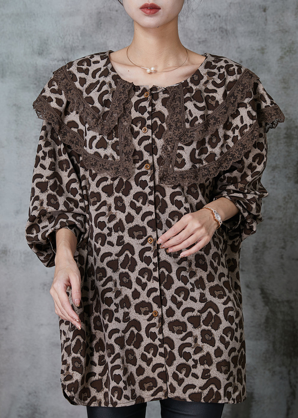 Women Double-layer Leopard Print Chiffon Blouse Top Spring