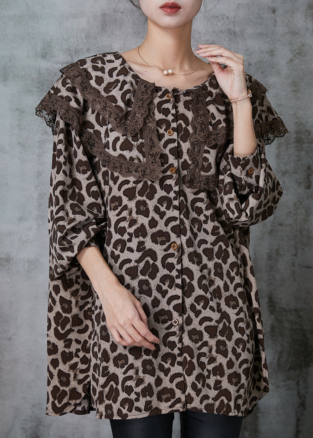 Women Double-layer Leopard Print Chiffon Blouse Top Spring