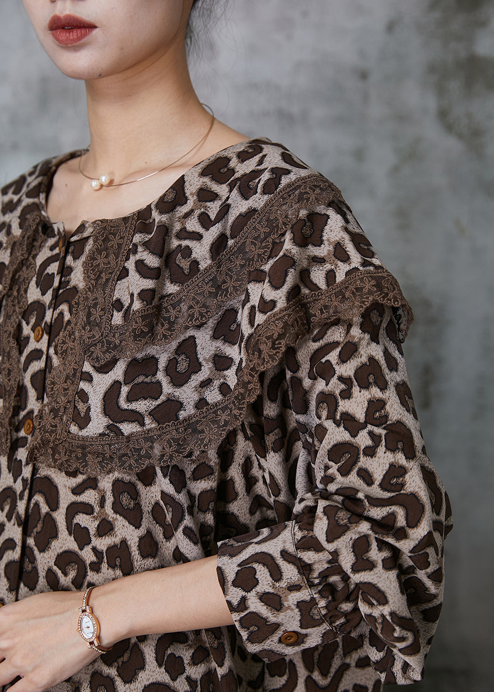 Women Double-layer Leopard Print Chiffon Blouse Top Spring