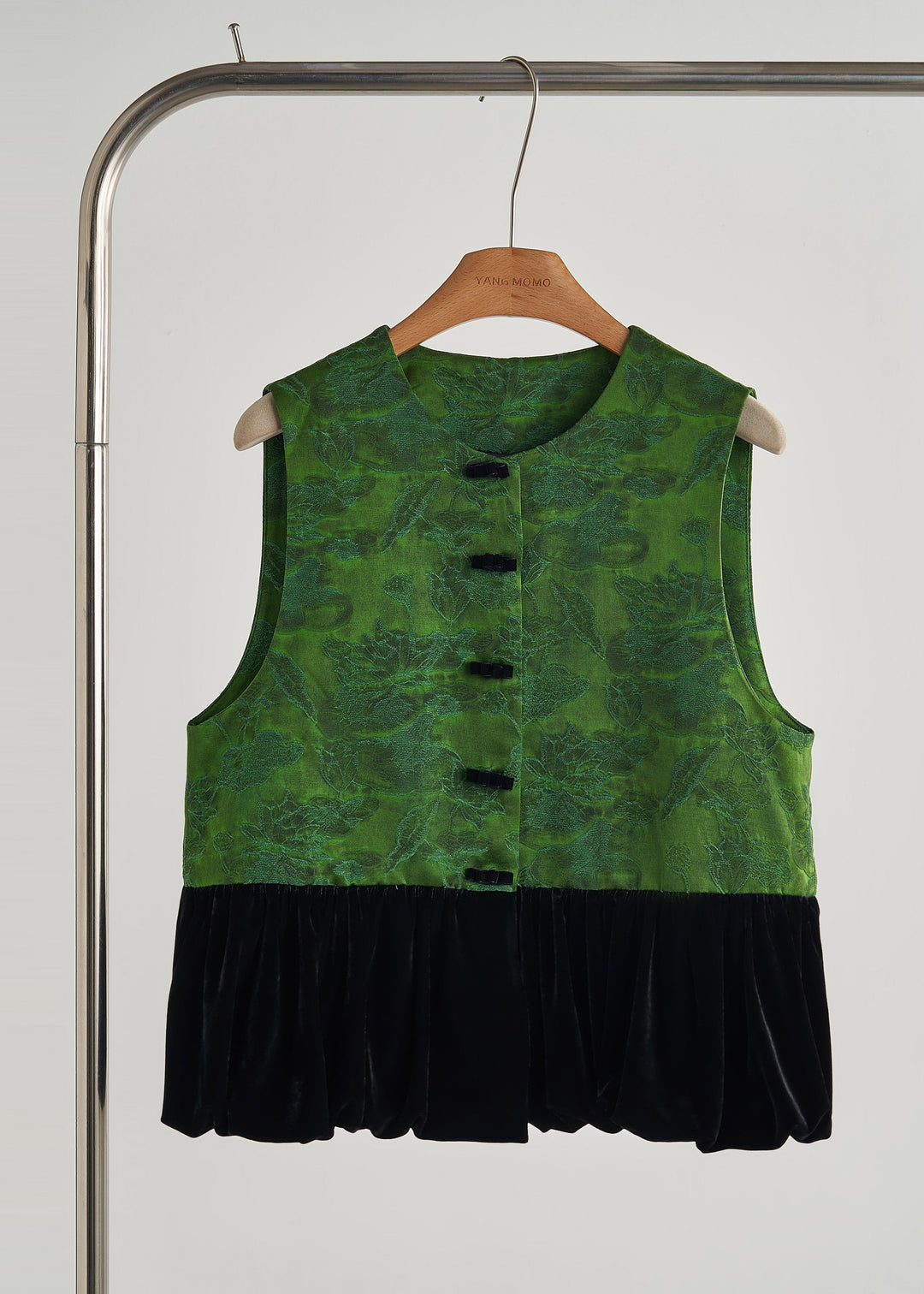 Women Dull Green Jacquard Patchwork Silk Velvet Vest Fall