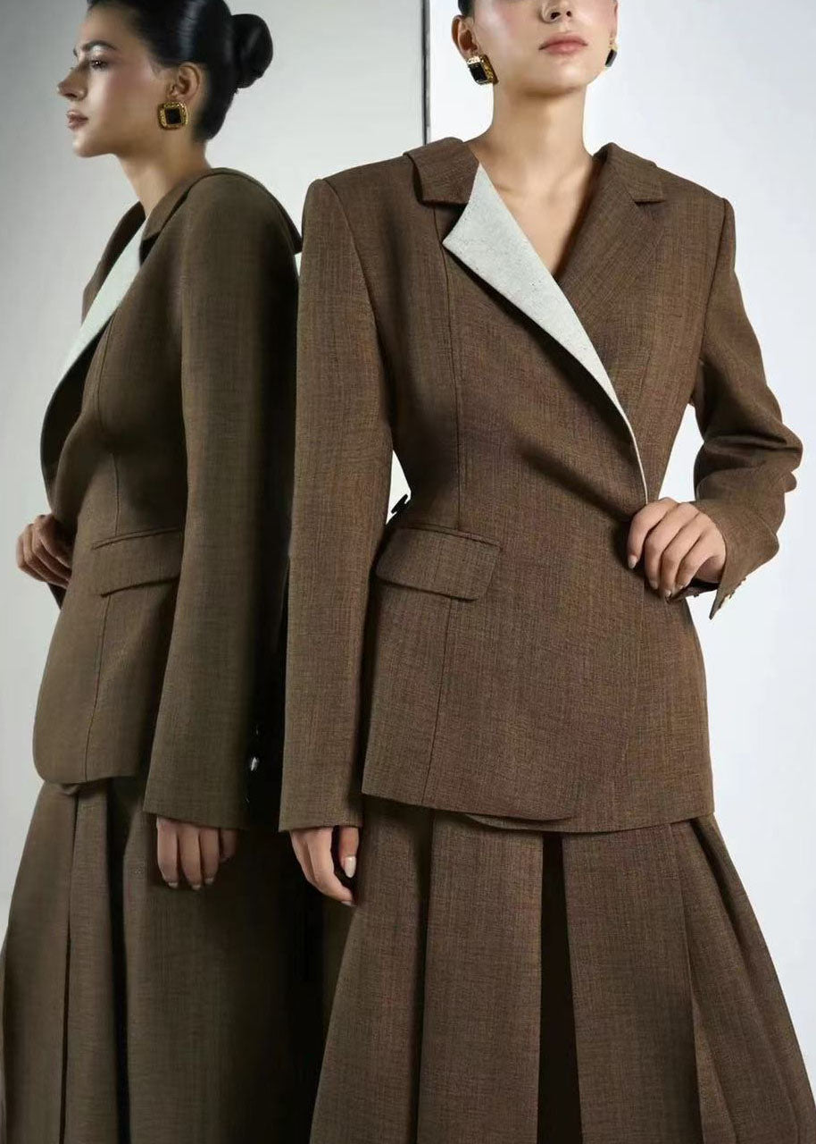 Women Elegant Brown Peter Pan Collar Patchwork Suit Coats Fall