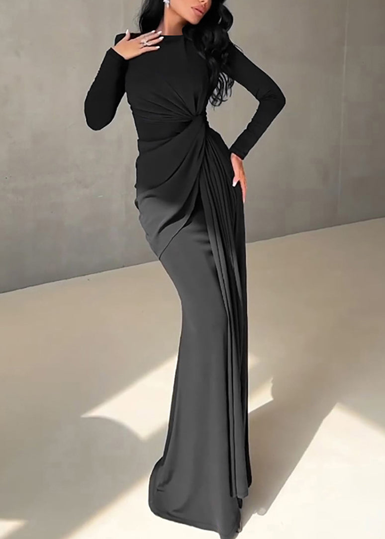 Women Elegant Pink Slim Fit Silk Maxi Dresses Long Sleeve