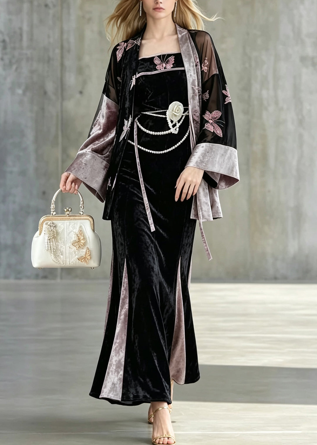 Women Embroidered Butterfly Velvet Three Piece Suit Set Fall
