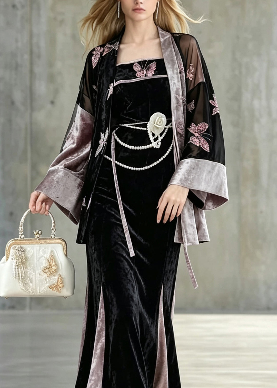 Women Embroidered Butterfly Velvet Three Piece Suit Set Fall