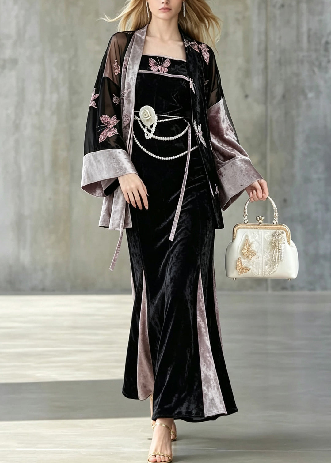 Women Embroidered Butterfly Velvet Three Piece Suit Set Fall