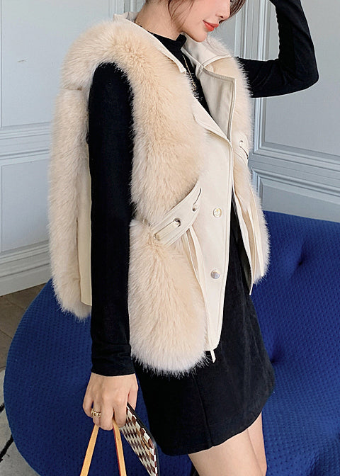 Women Faux Fox Fur Patchwork Faux Leather Vest Tops Winter