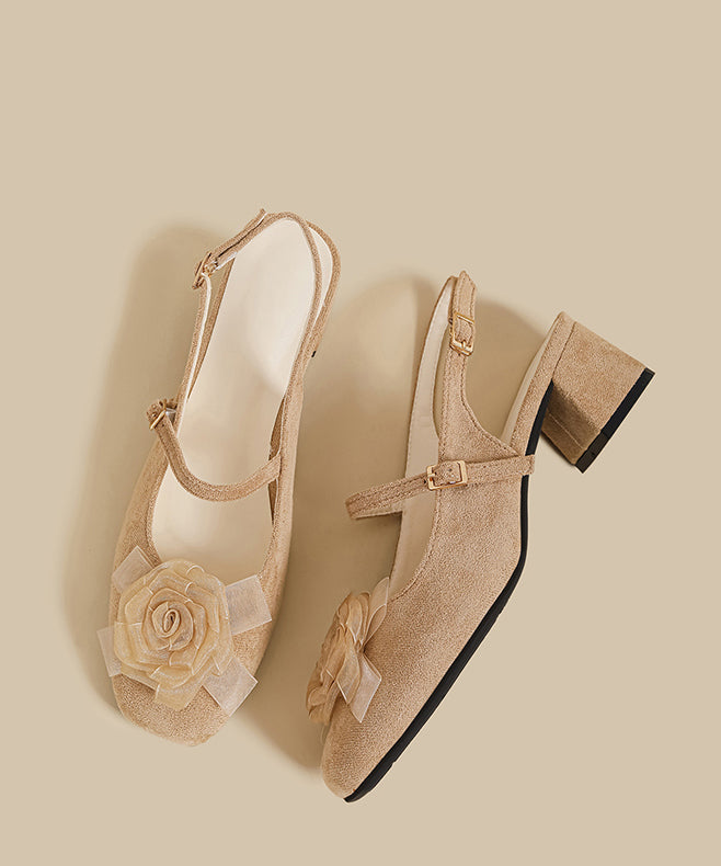 Women Floral Splicing Chunky Sandals Apricot Suede