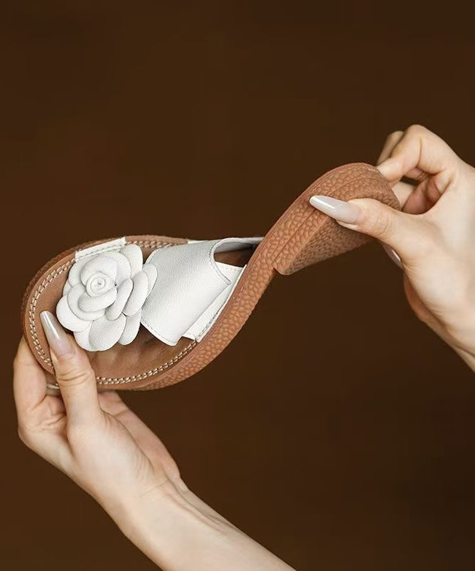Women Floral Splicing Comfy Flip Flops Black Cowhide Leather