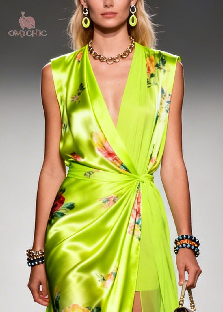 Women Fluorescent Green Exra Large Hem Side Open Chiffon Robe Dresses Summer
