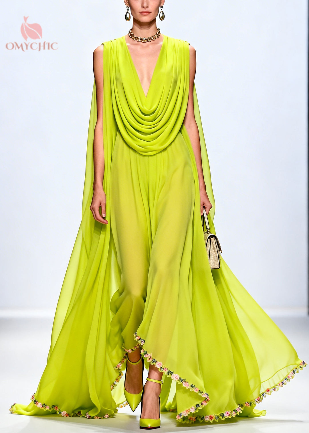 Women Fluorescent Green Turtle Neck Exra Large Hem Chiffon Party Dress Sleeveless
