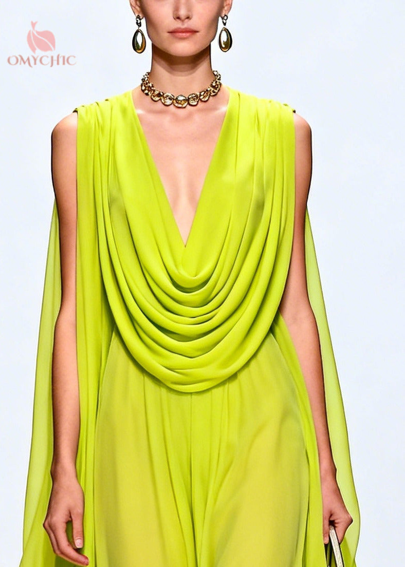 Women Fluorescent Green Turtle Neck Exra Large Hem Chiffon Party Dress Sleeveless
