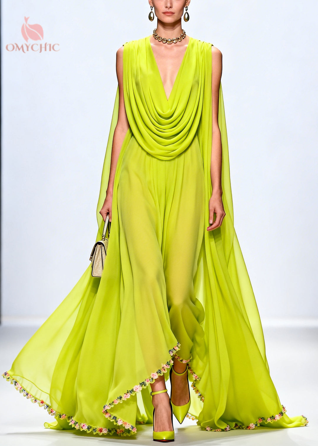 Women Fluorescent Green Turtle Neck Exra Large Hem Chiffon Party Dress Sleeveless