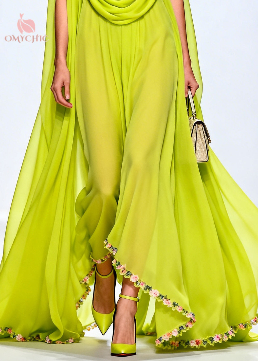 Women Fluorescent Green Turtle Neck Exra Large Hem Chiffon Party Dress Sleeveless