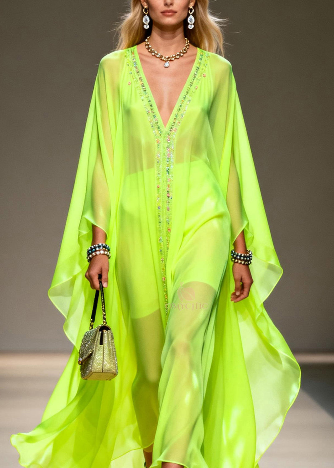 Women Fluorescent Green V Neck Zircon Chiffon Robe Dresses Summer