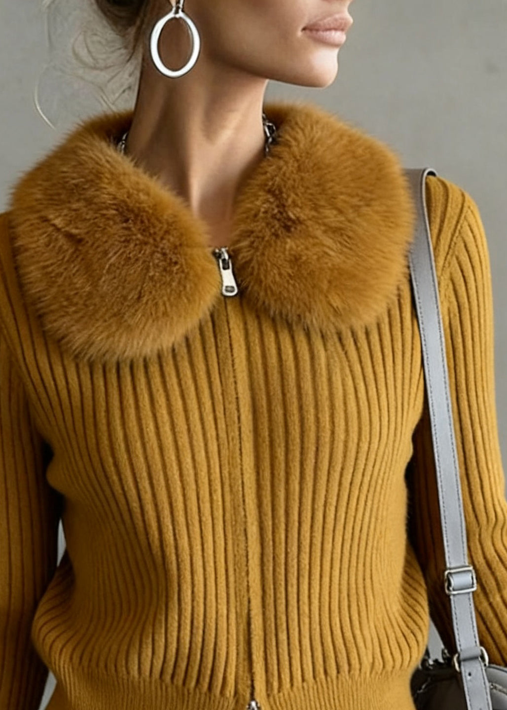 Women Ginger Yellow Fur Collar Double Zip Up Knit Coat
