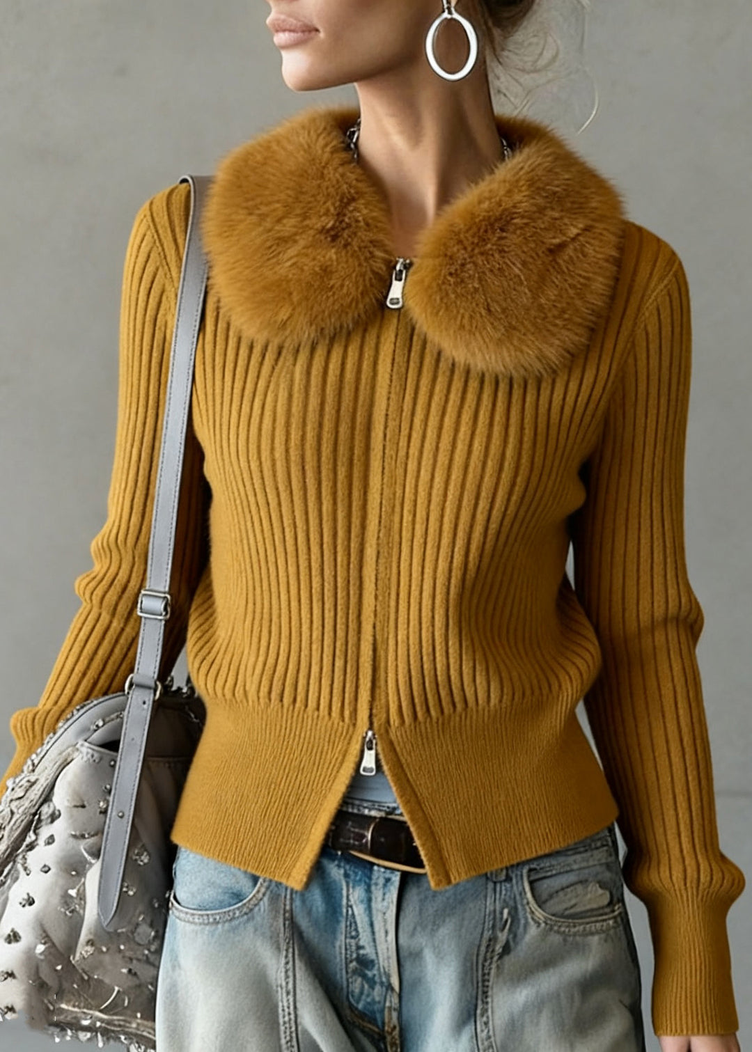 Women Ginger Yellow Fur Collar Double Zip Up Knit Coat
