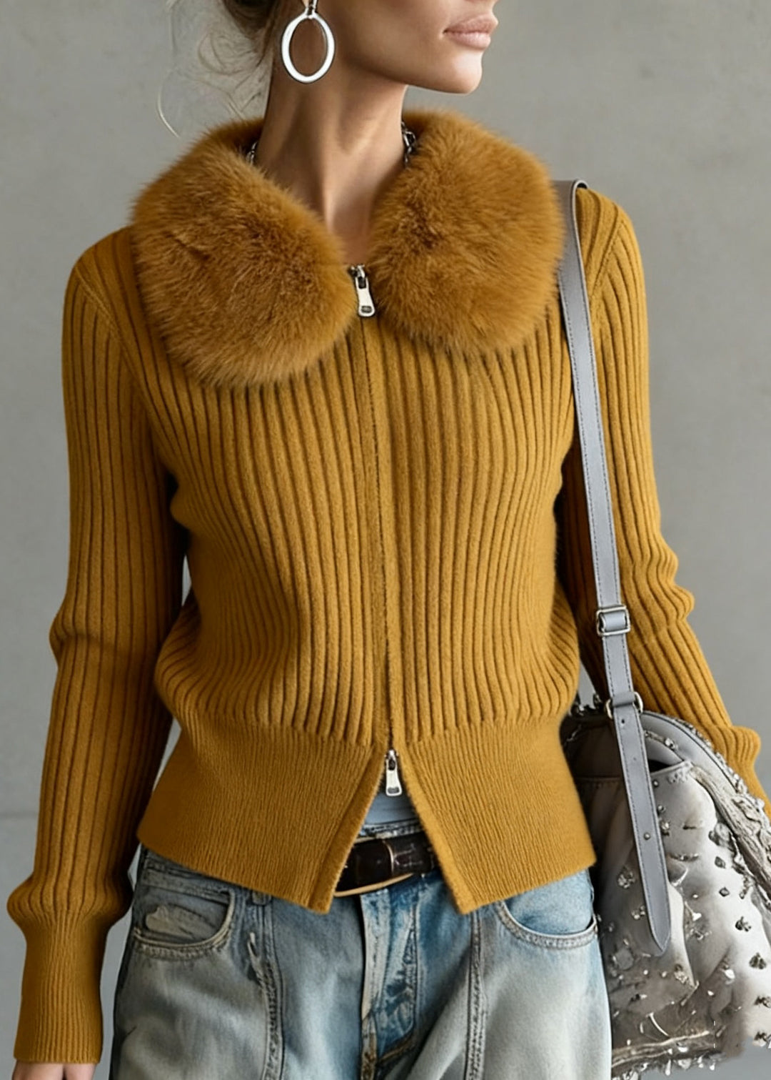 Women Ginger Yellow Fur Collar Double Zip Up Knit Coat