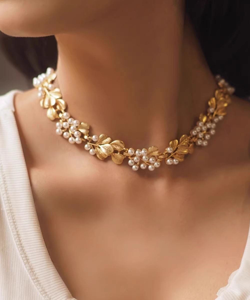 Women Ginkgo Leaf Copper With Hollow Out Pearl Collar Necklace And Stud Earrings Two Piece Set - Omychic