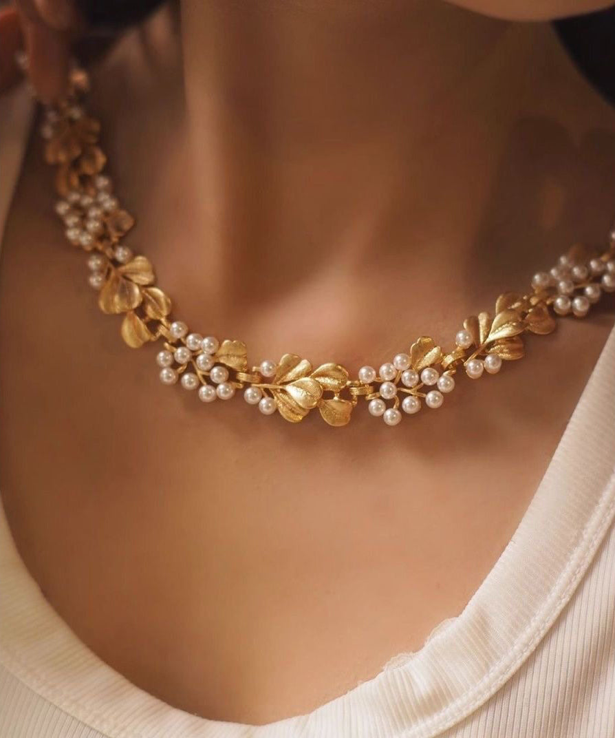 Women Ginkgo Leaf Copper With Hollow Out Pearl Collar Necklace And Stud Earrings Two Piece Set - Omychic