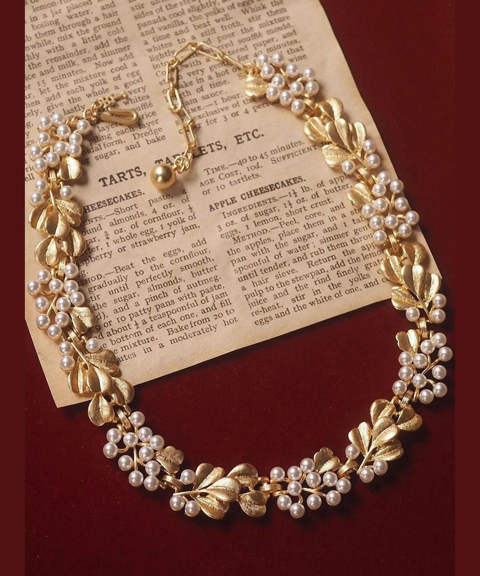 Women Ginkgo Leaf Copper With Hollow Out Pearl Collar Necklace And Stud Earrings Two Piece Set - Omychic