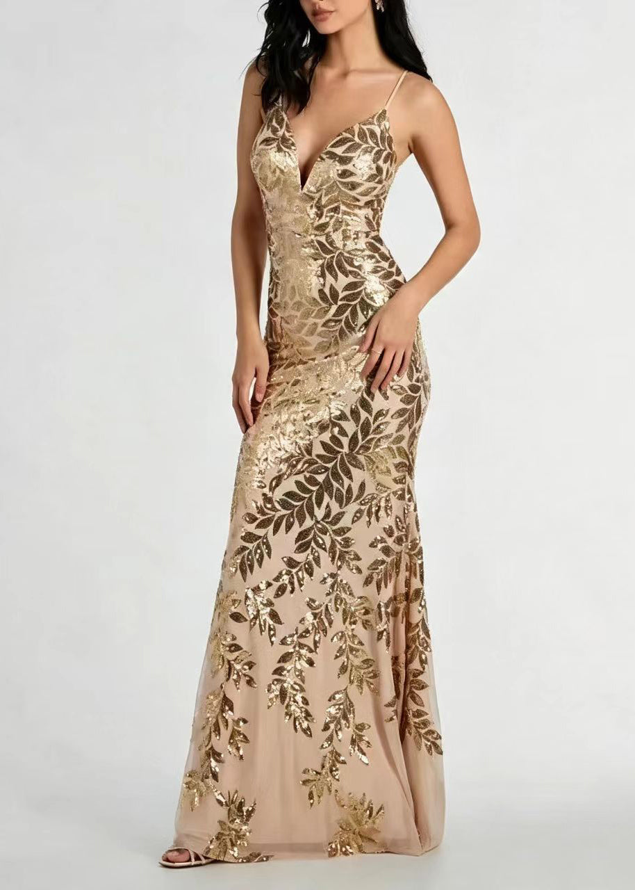 Women Gold V Neck Backless Sequins Holiday Dress Sleeveless