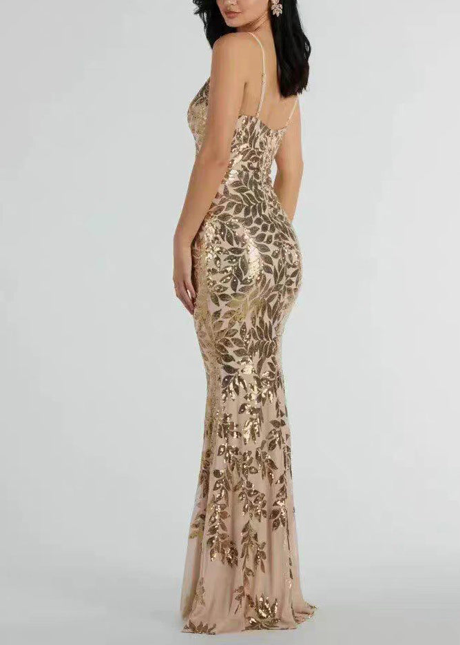 Women Gold V Neck Backless Sequins Holiday Dress Sleeveless