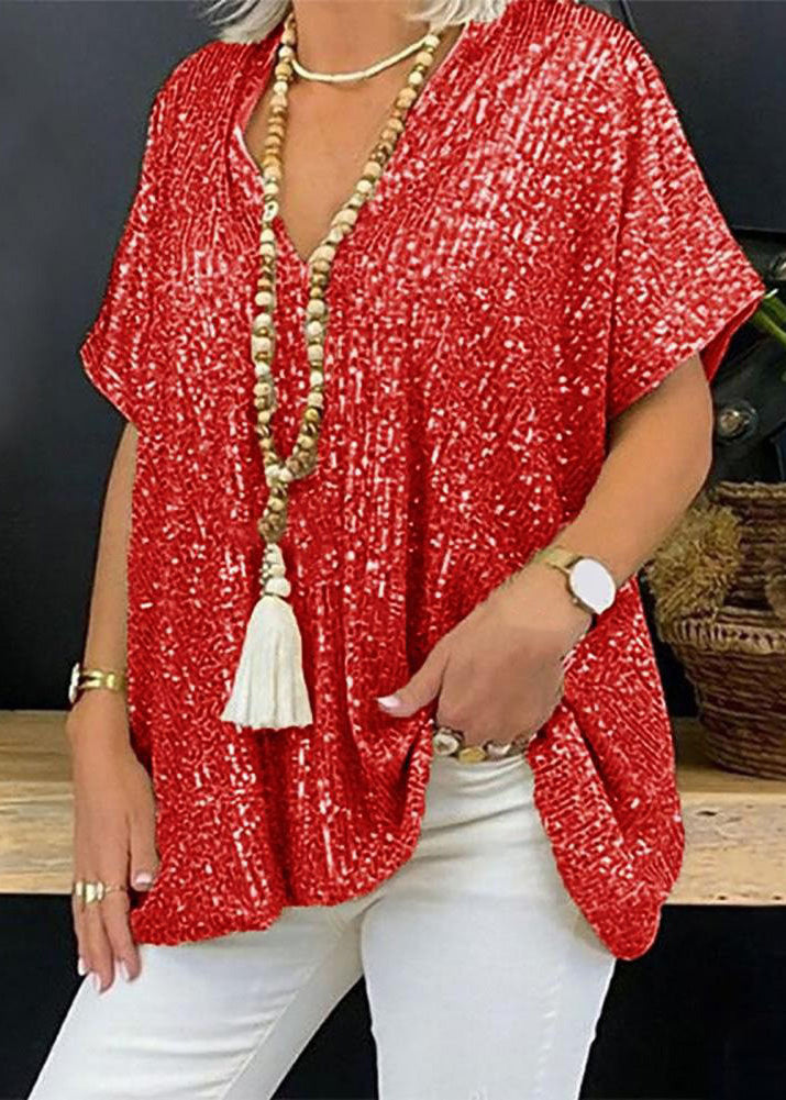 Women Gold V Neck Sequins Plus Size Tops Summer