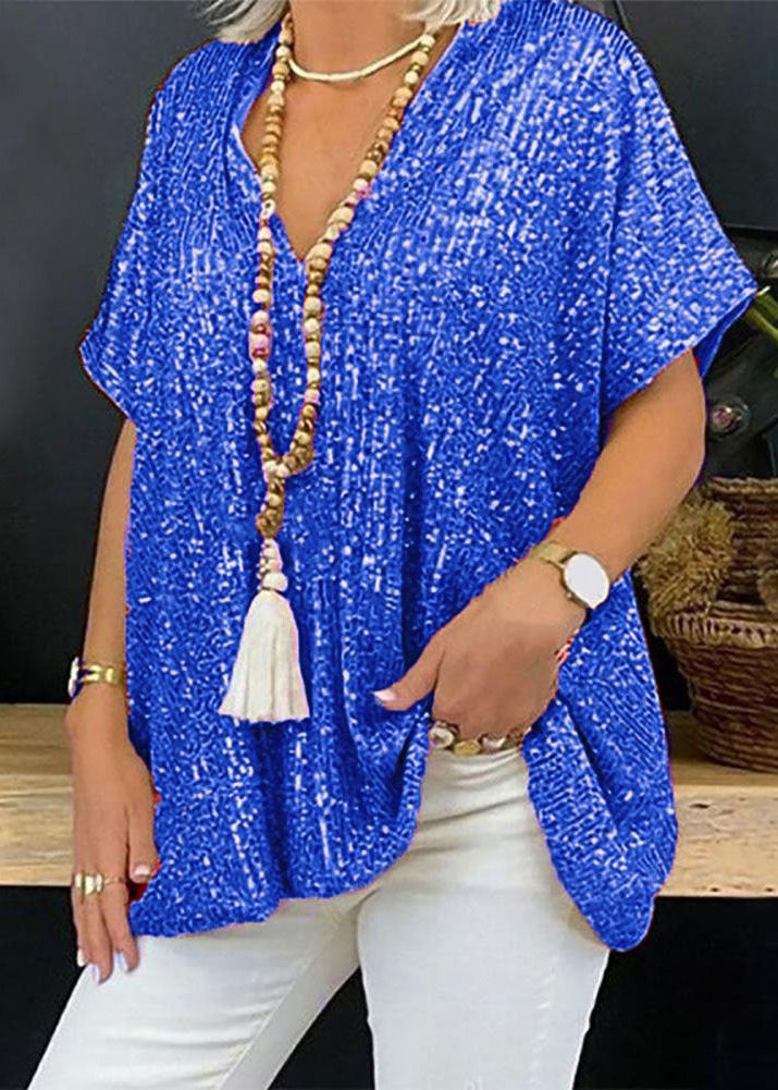 Women Gold V Neck Sequins Plus Size Tops Summer