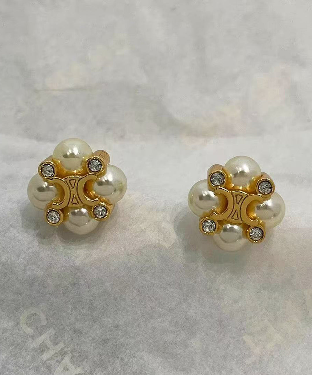 Women Gold Zircon Copper Pearl Floral Stud Earrings