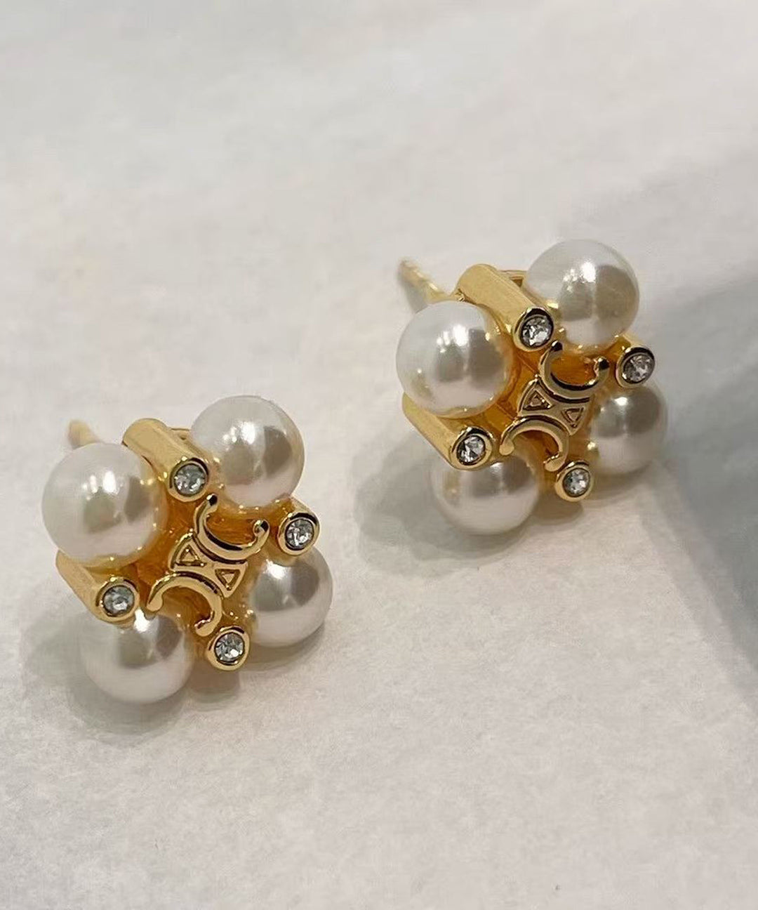 Women Gold Zircon Copper Pearl Floral Stud Earrings
