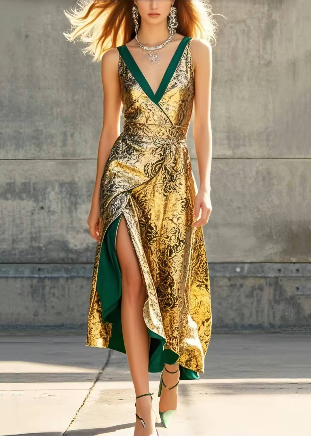 Women Golden Jacquard Side Open Party Dresses Sleeveless