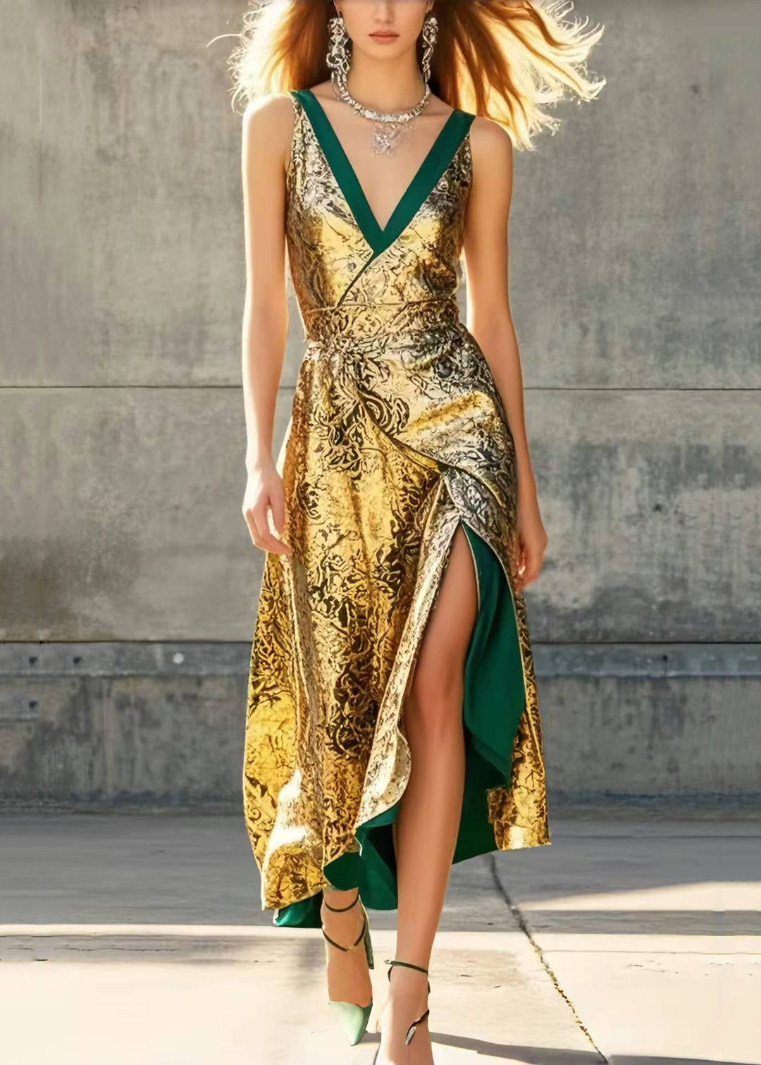 Women Golden Jacquard Side Open Party Dresses Sleeveless
