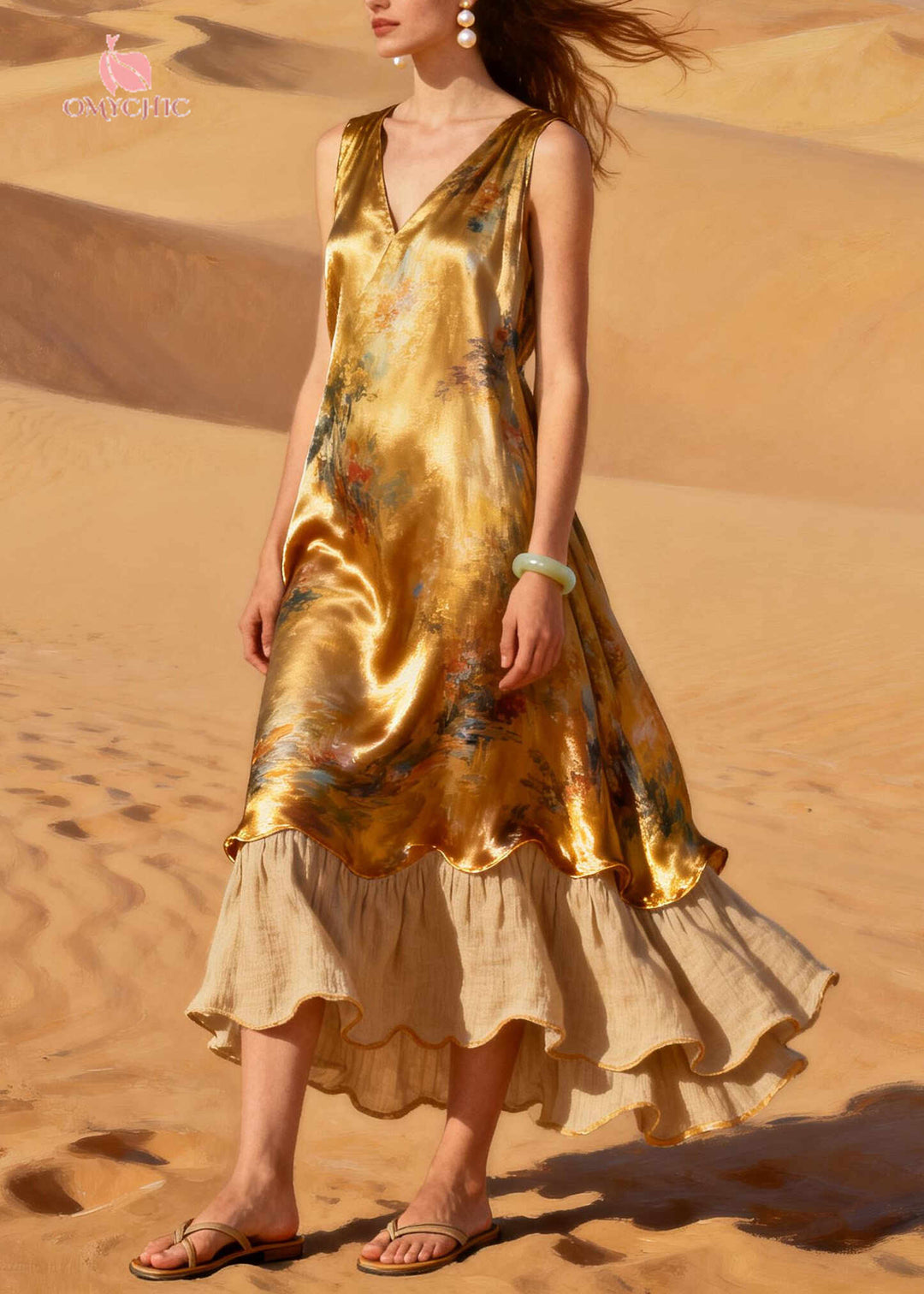 Women Golden Oversized Patchwork Linen Silk Fake Two Piece Dresses Summer