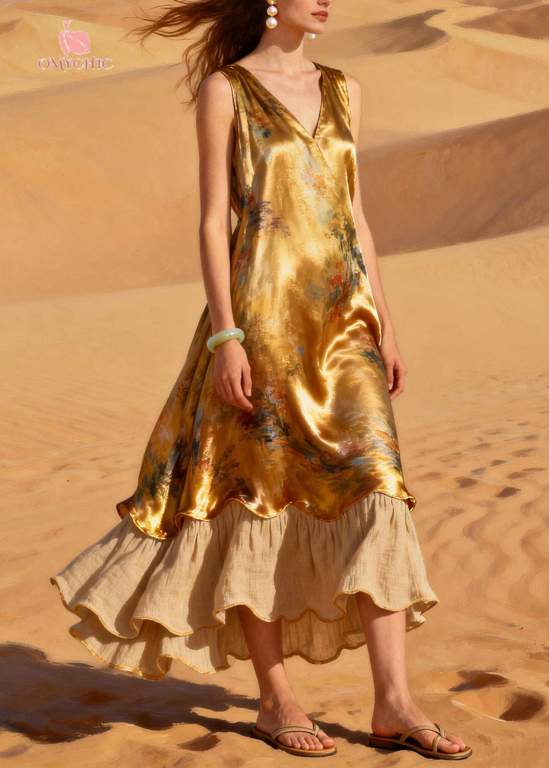 Women Golden Oversized Patchwork Linen Silk Fake Two Piece Dresses Summer