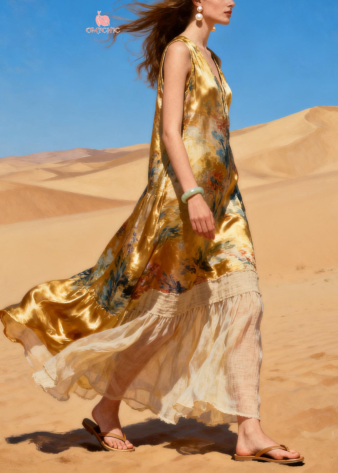 Women Golden V Neck Patchwork Linen Silk Vacation Dresses Summer