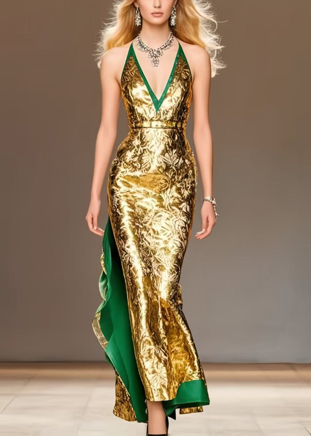 Women Golden Wraped Patchwork Silk Sundress Summer